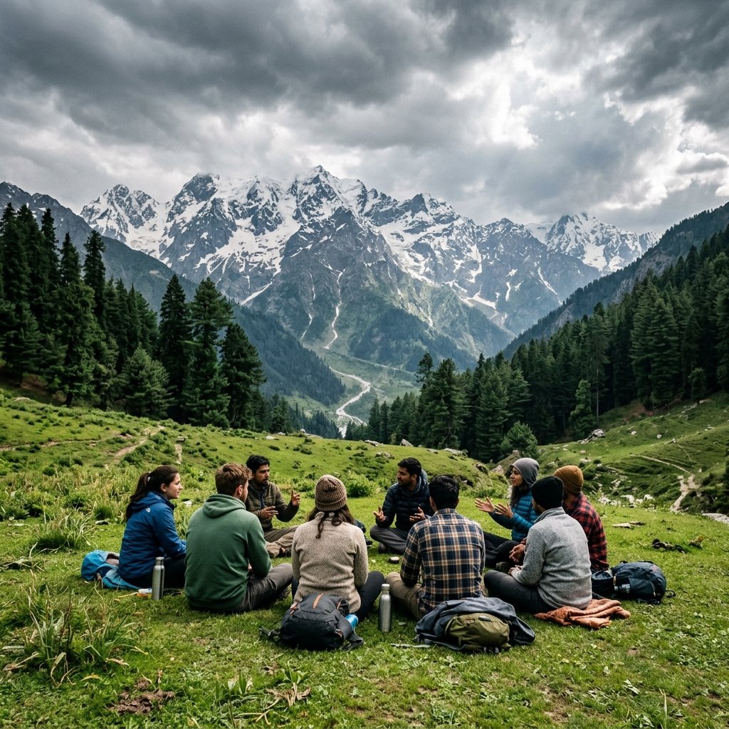 Group sitting together in mountain meadow