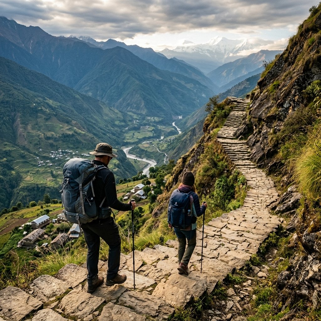 Two trekkers walking up stone mountain trail with Himalayan scenery