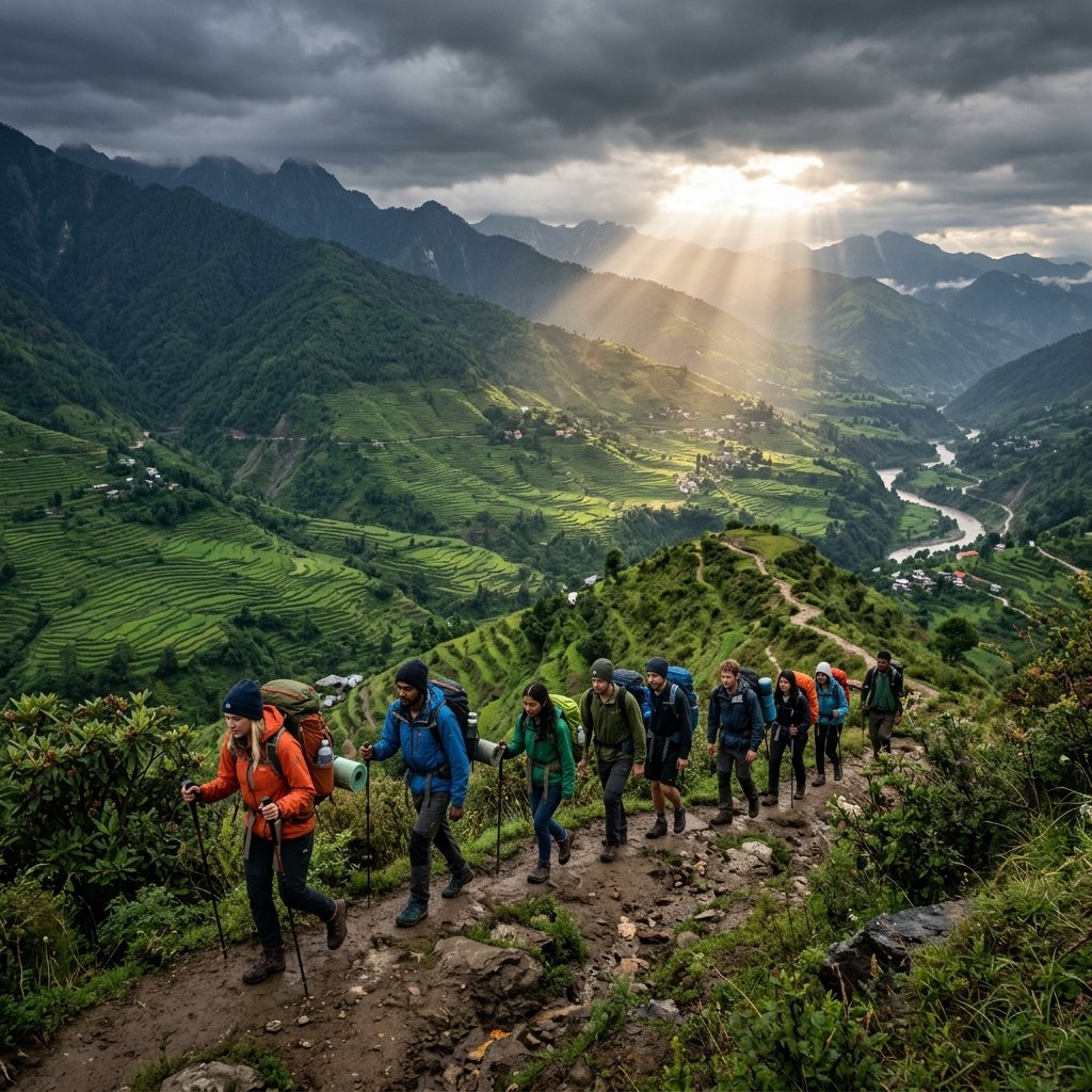 Group trekking on lush green Himachal hills