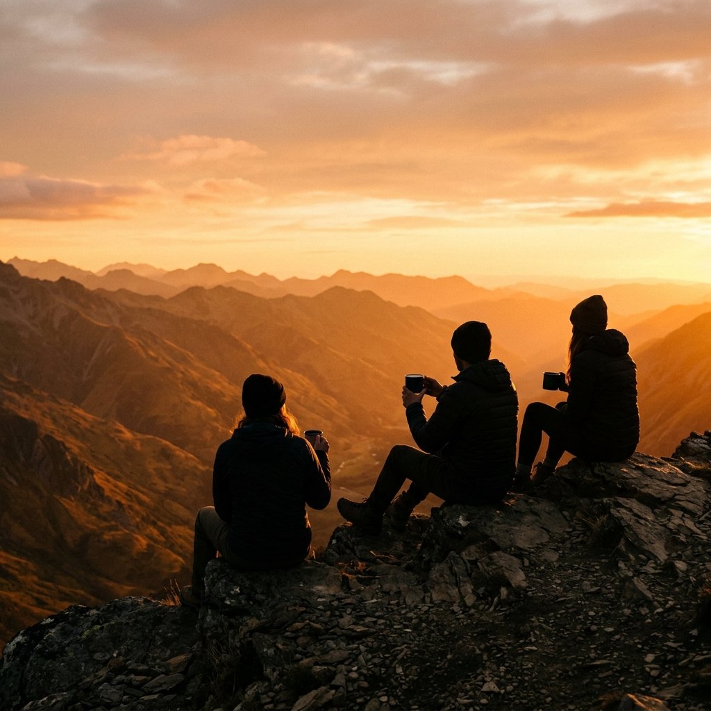 Silhouettes at golden mountain sunset with tea