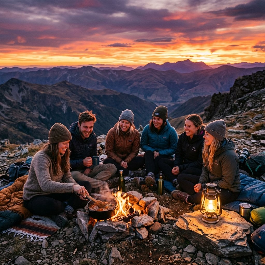 Friends around campfire at high altitude sunset